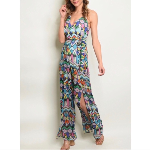 💙 5 for $25 - Multi-Color Geometric Print Jumpsuit - Picture 2 of 3